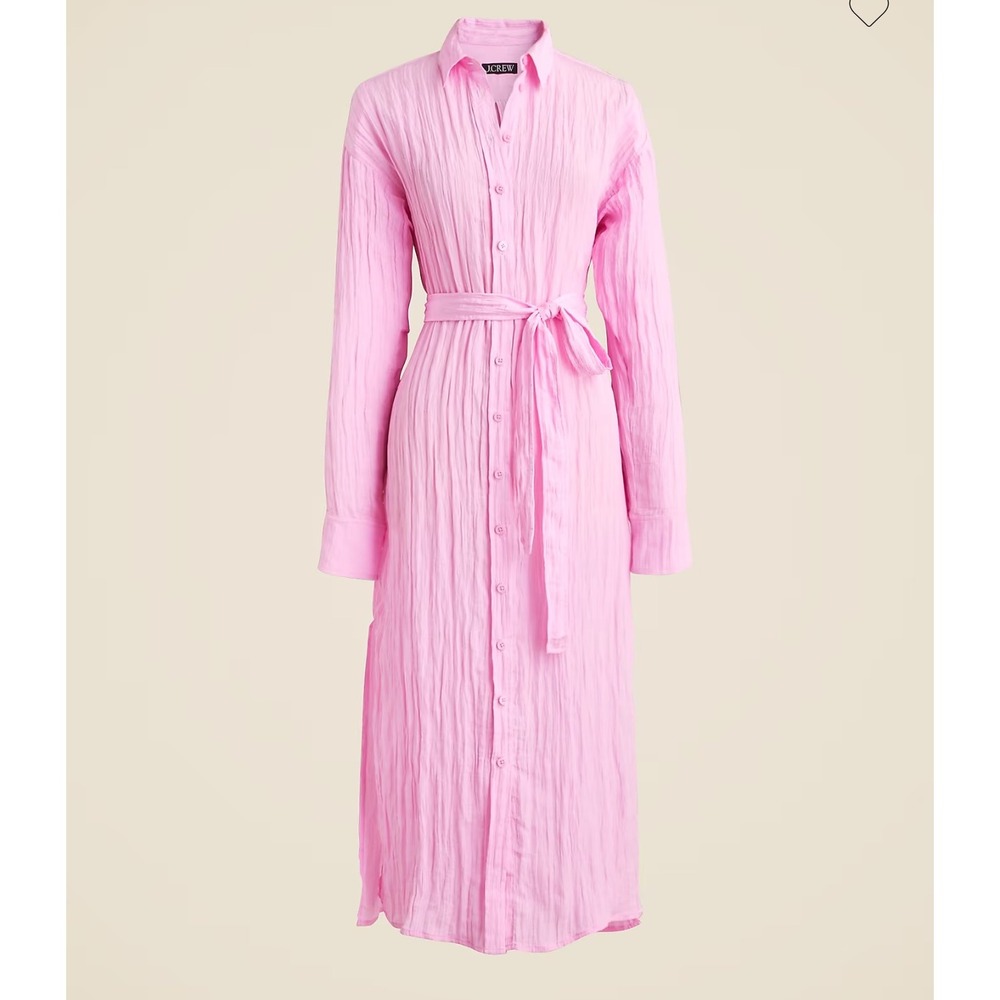 J.Crew Crinkle Belted Button-Up Maxi Shirt Dress S Pink Long Sleeve Side Slit